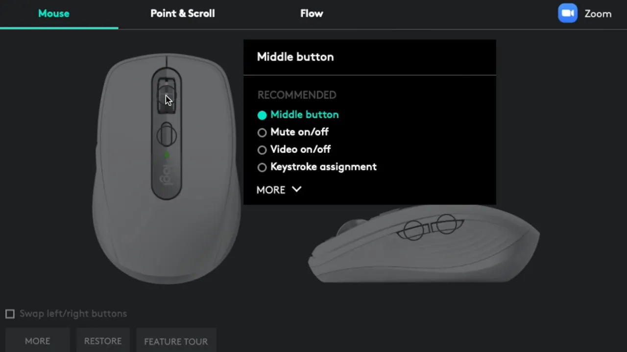 Logi Options Plus interface showing middle button customization menu for an MX Anywhere mouse