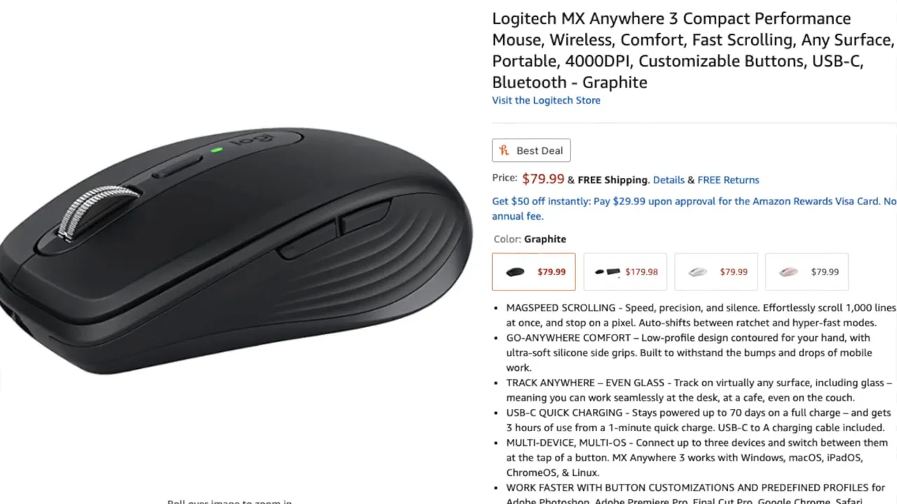 Online store listing for a black Logitech MX Anywhere 3 showing product title and price