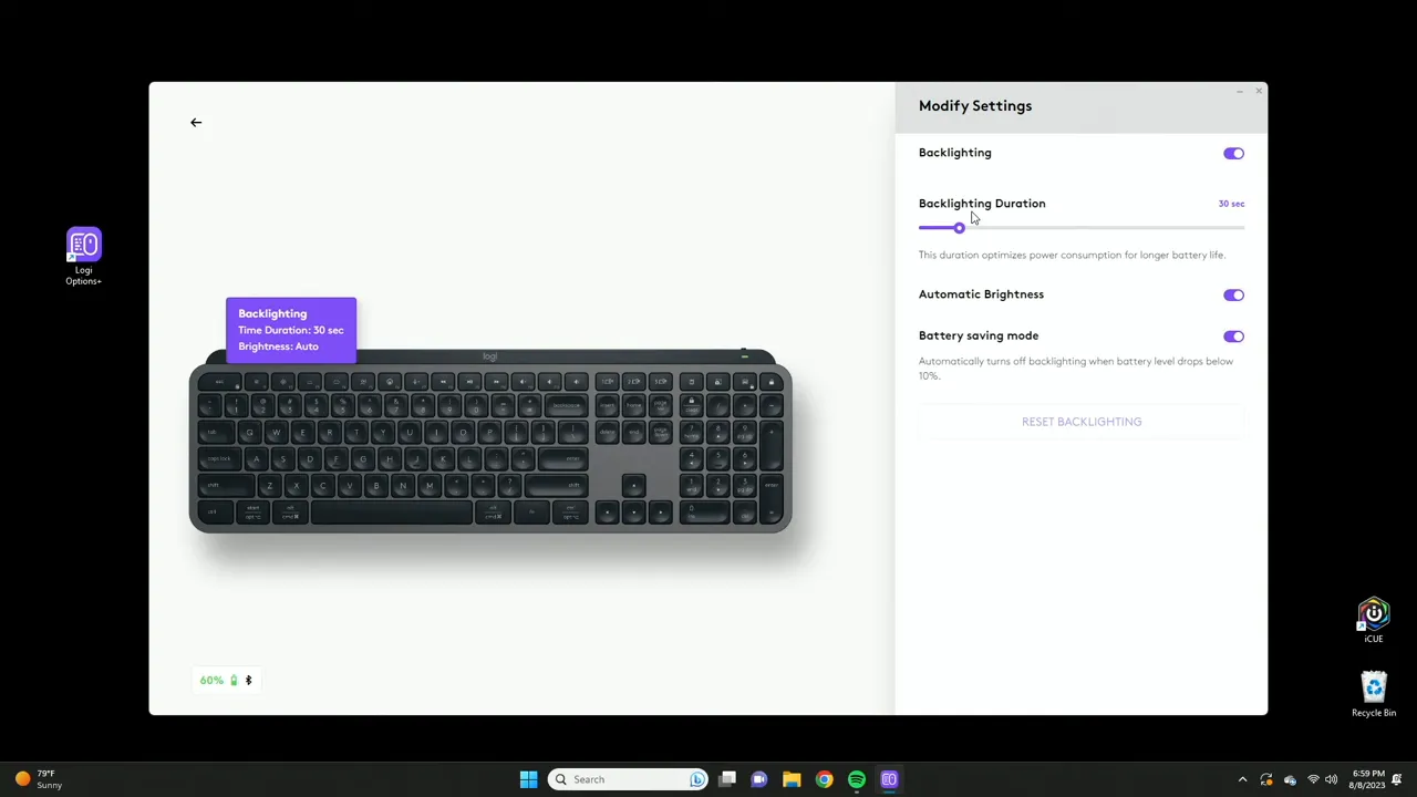 Backlighting tab showing lighting duration and automatic brightness options