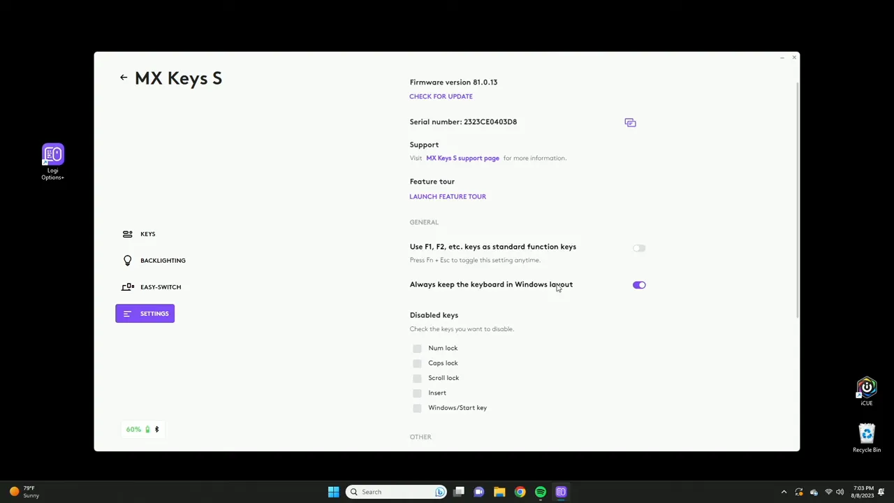Settings tab showing function key options and device backup