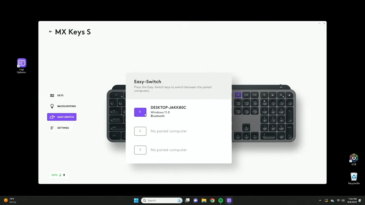 Easy-Switch controls in Logi Options+ showing device connections
