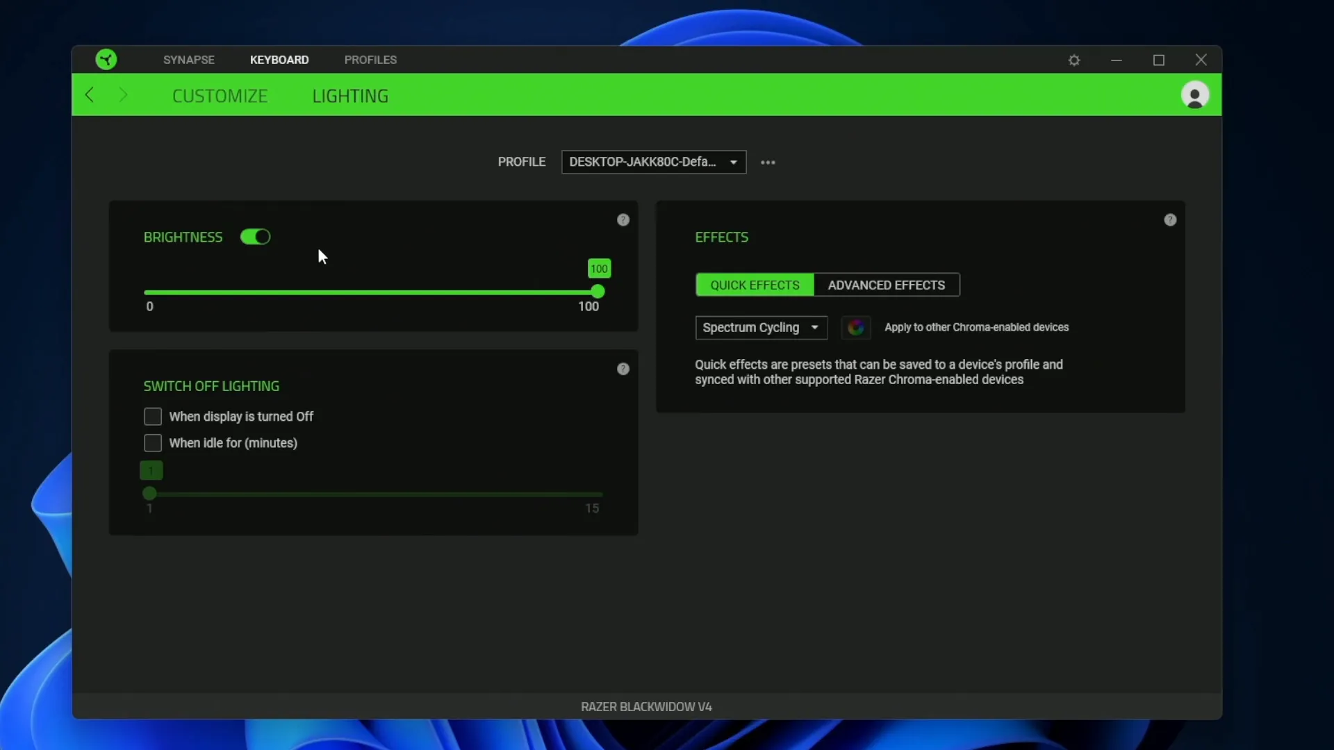 Lighting customization settings in Synapse