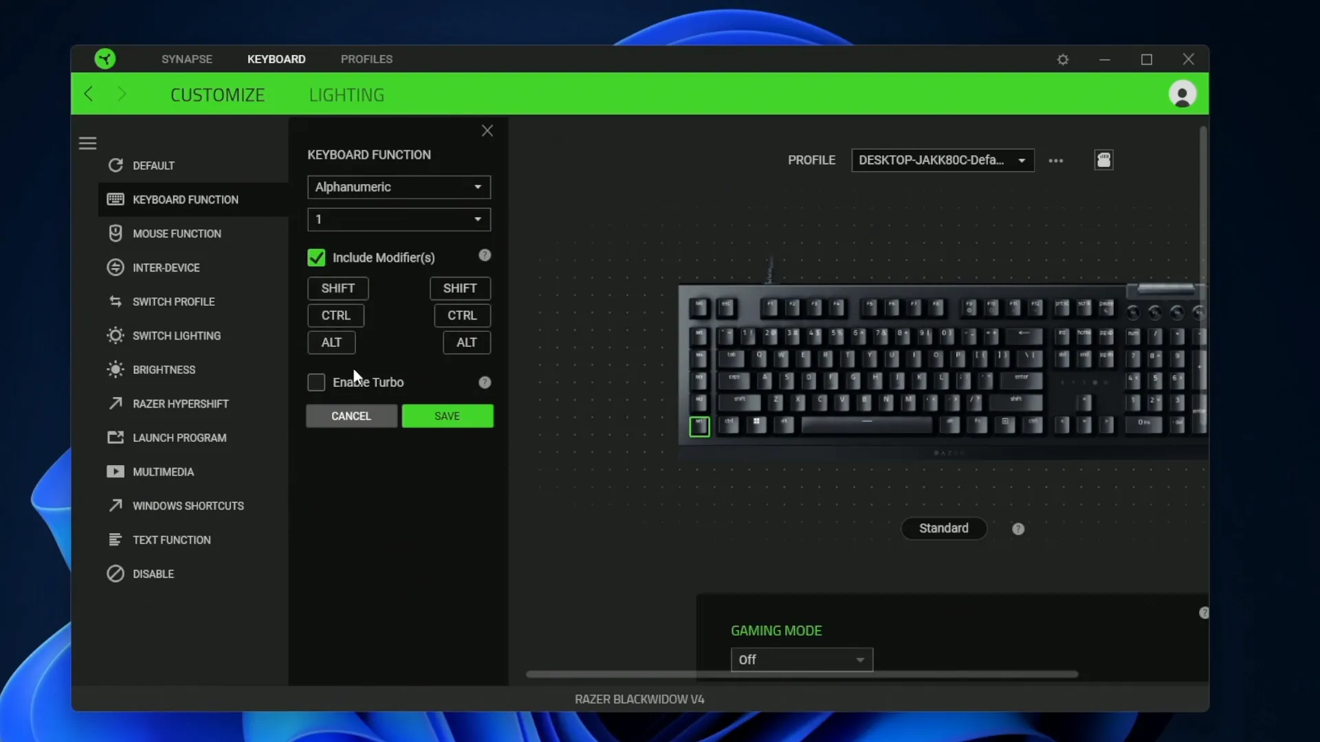 Customizing keyboard functions in Synapse