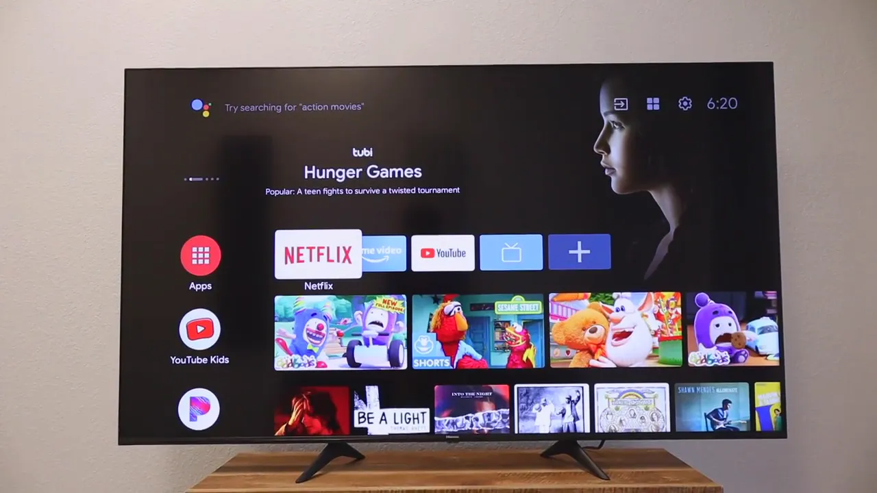 Android TV home screen on the Hisense television showing app rows and content recommendations