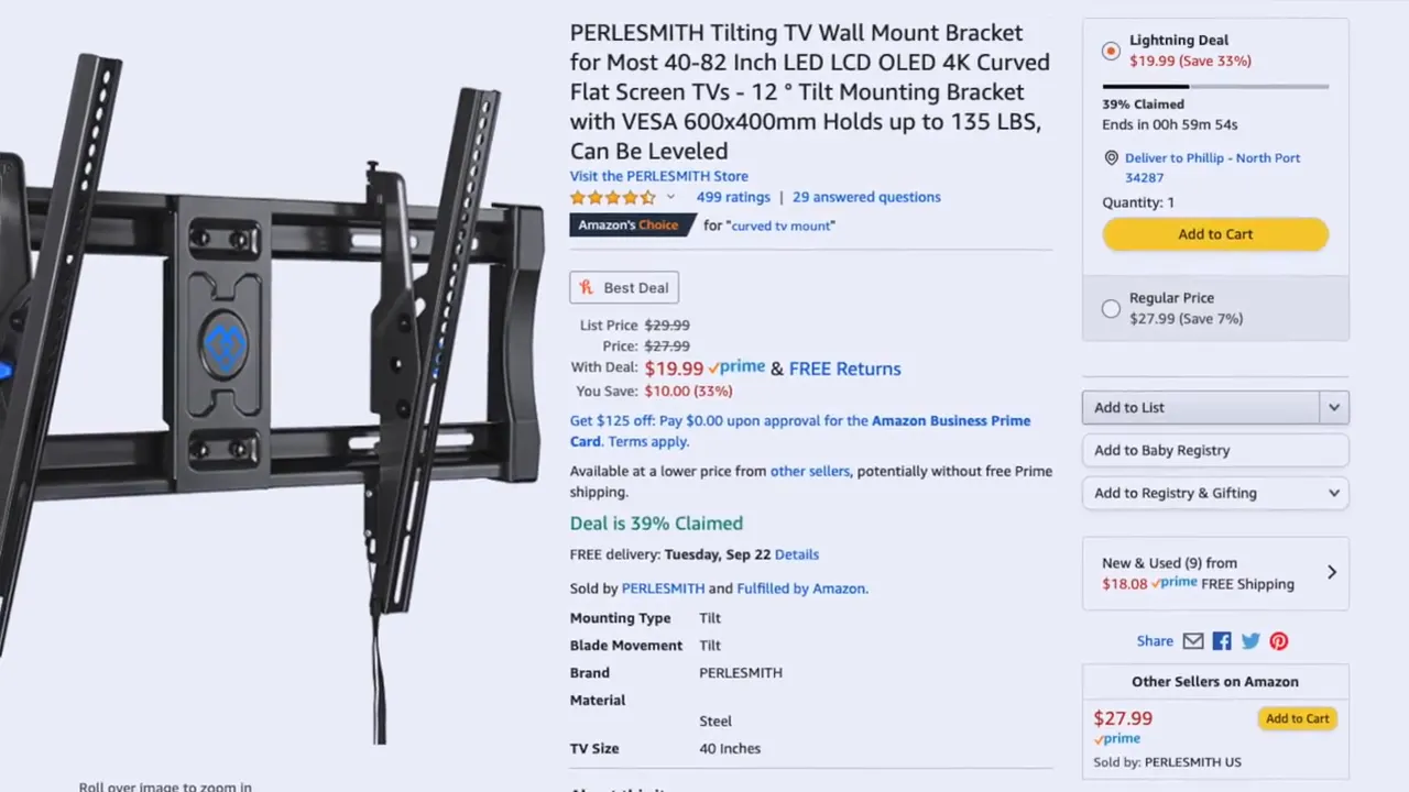 Amazon product page showing a full motion TV wall mount with price and product details