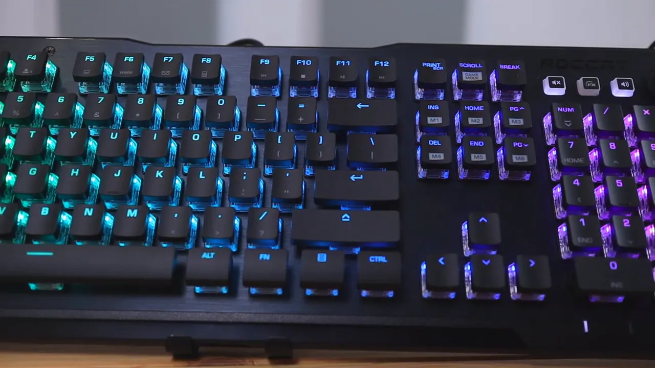 Full size keyboard with rainbow RGB lighting across keys and number pad