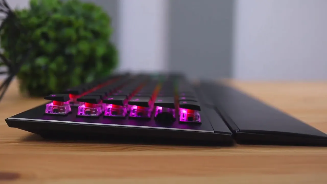 Side profile of the low profile keyboard and wrist rest with illuminated keys