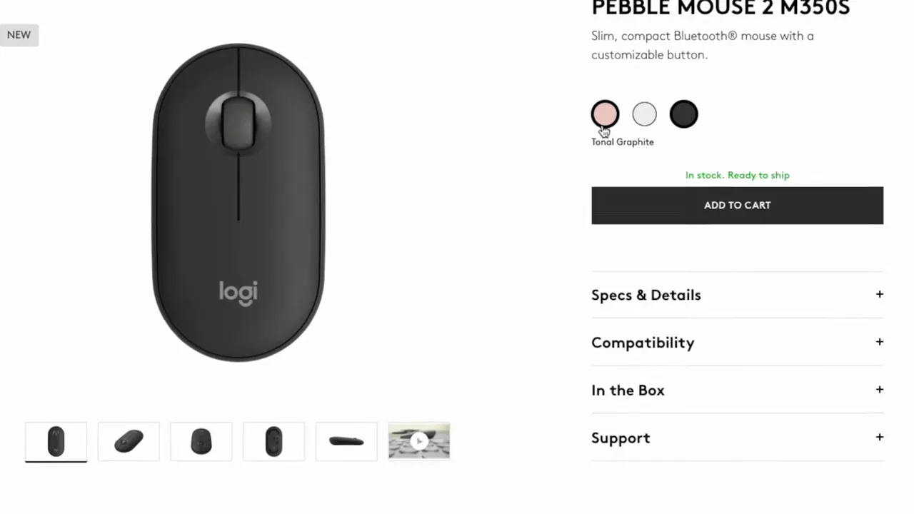 Pebble Mouse 2 color options: graphite, rose, and white