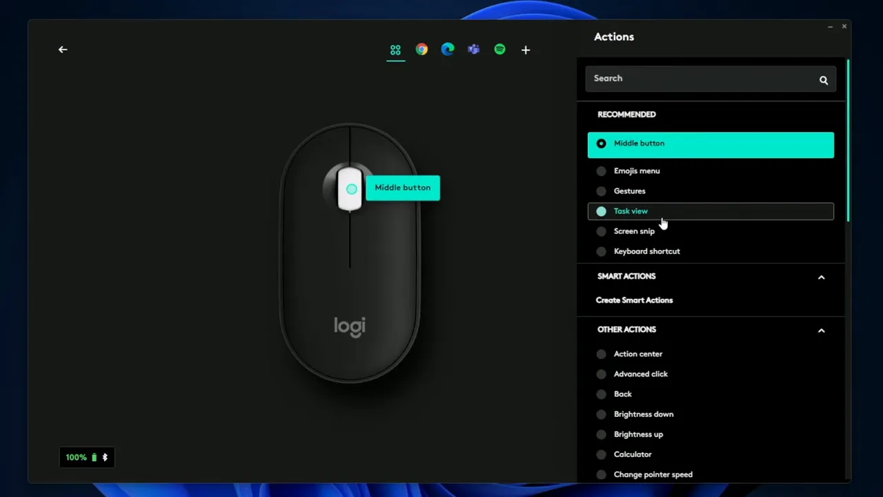 Software interface showing programmable actions and app-specific shortcuts