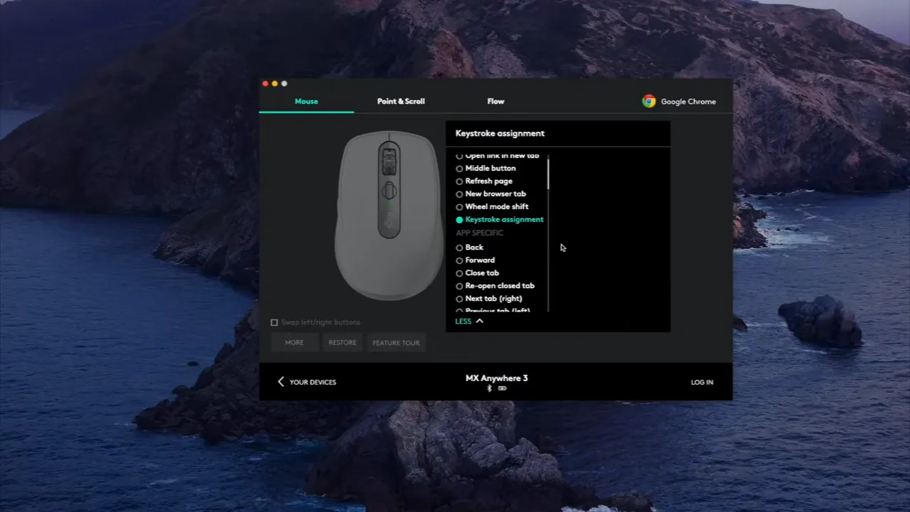 Logitech Options action assignment menu with categories and command details for a selected mouse button