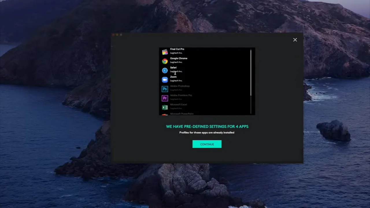 Application selection window in Logitech Options showing a list of installed apps to add for custom profiles