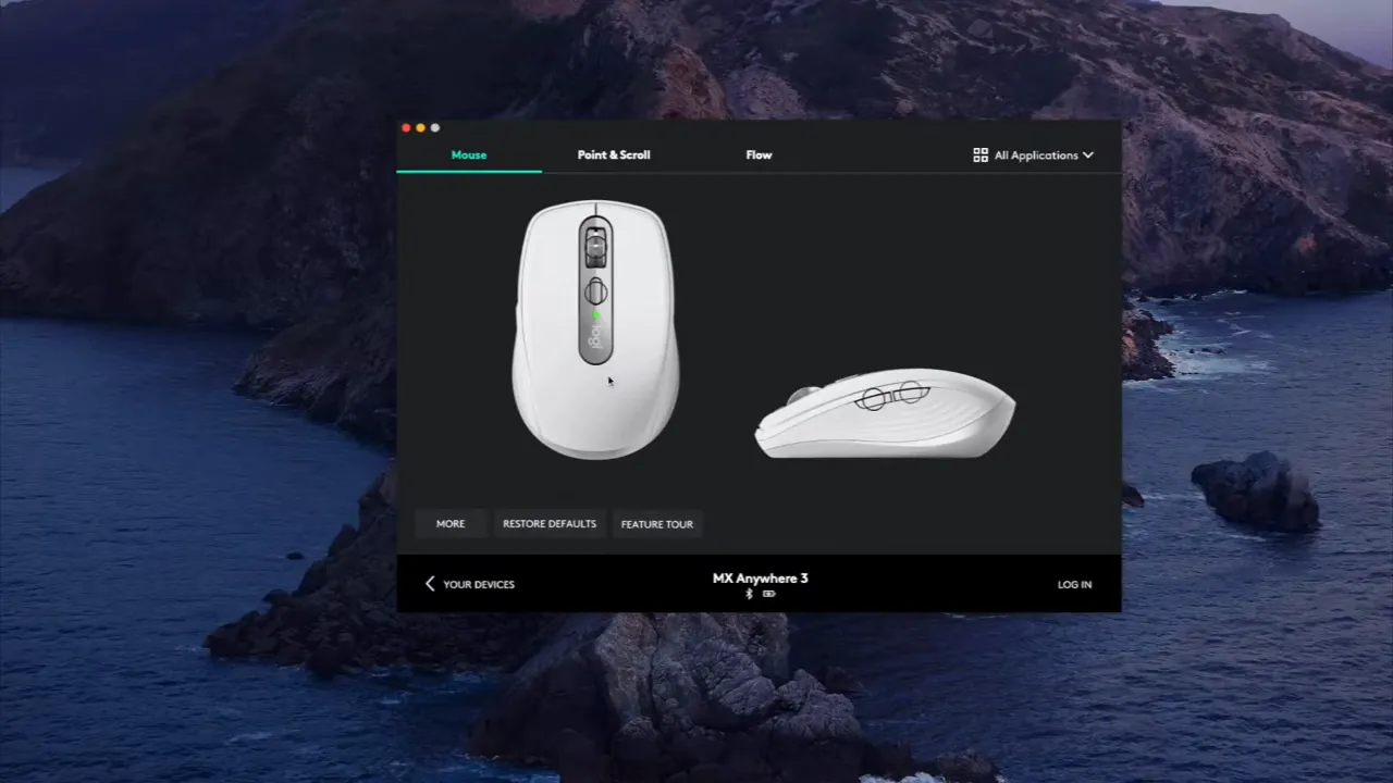 Logitech Options customization screen with top and side views of the MX Anywhere 3 and highlighted programmable buttons