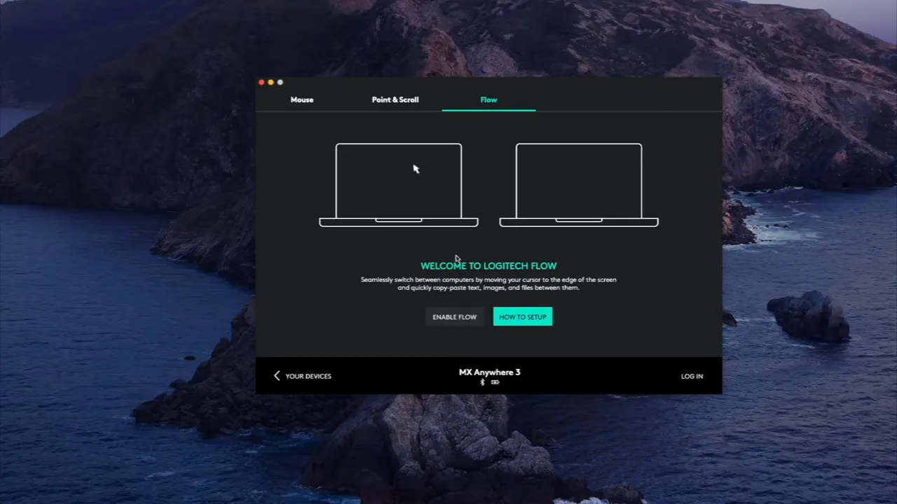 Logitech Flow setup screen showing two monitor outlines and cursor movement between them