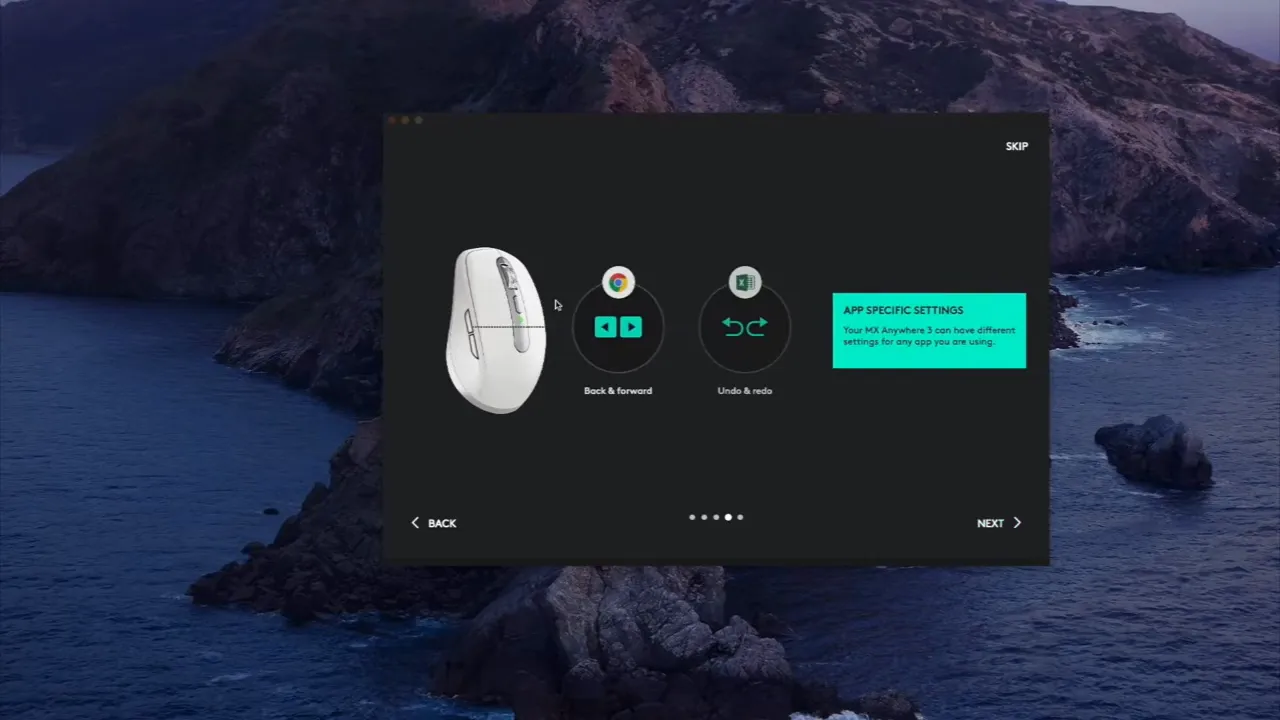 Logitech Options onboarding screen showing mouse feature icons and a highlighted tips panel