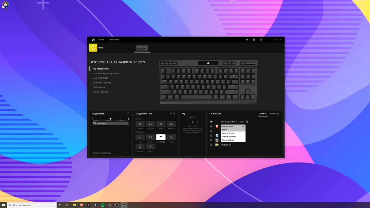 iCUE key assignments showing Launch App browser selection dropdown