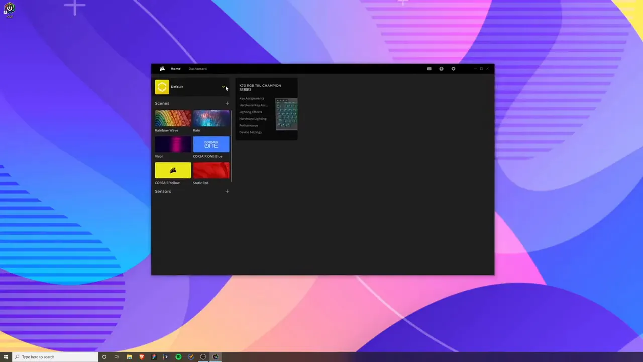 Corsair iCUE dashboard showing profiles, scenes, and connected K70 device on a Windows desktop