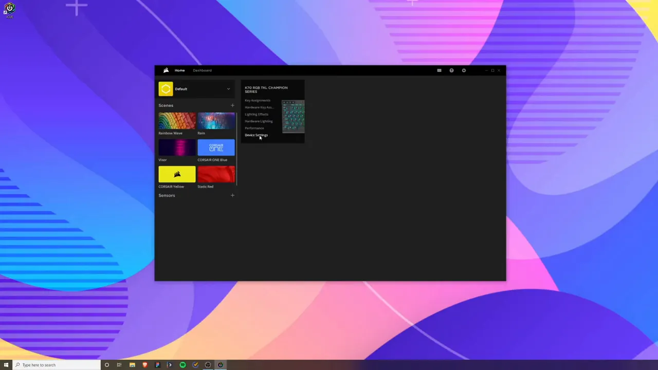 Corsair iCUE dashboard with profile tiles top-left and K70 device card highlighted in the center