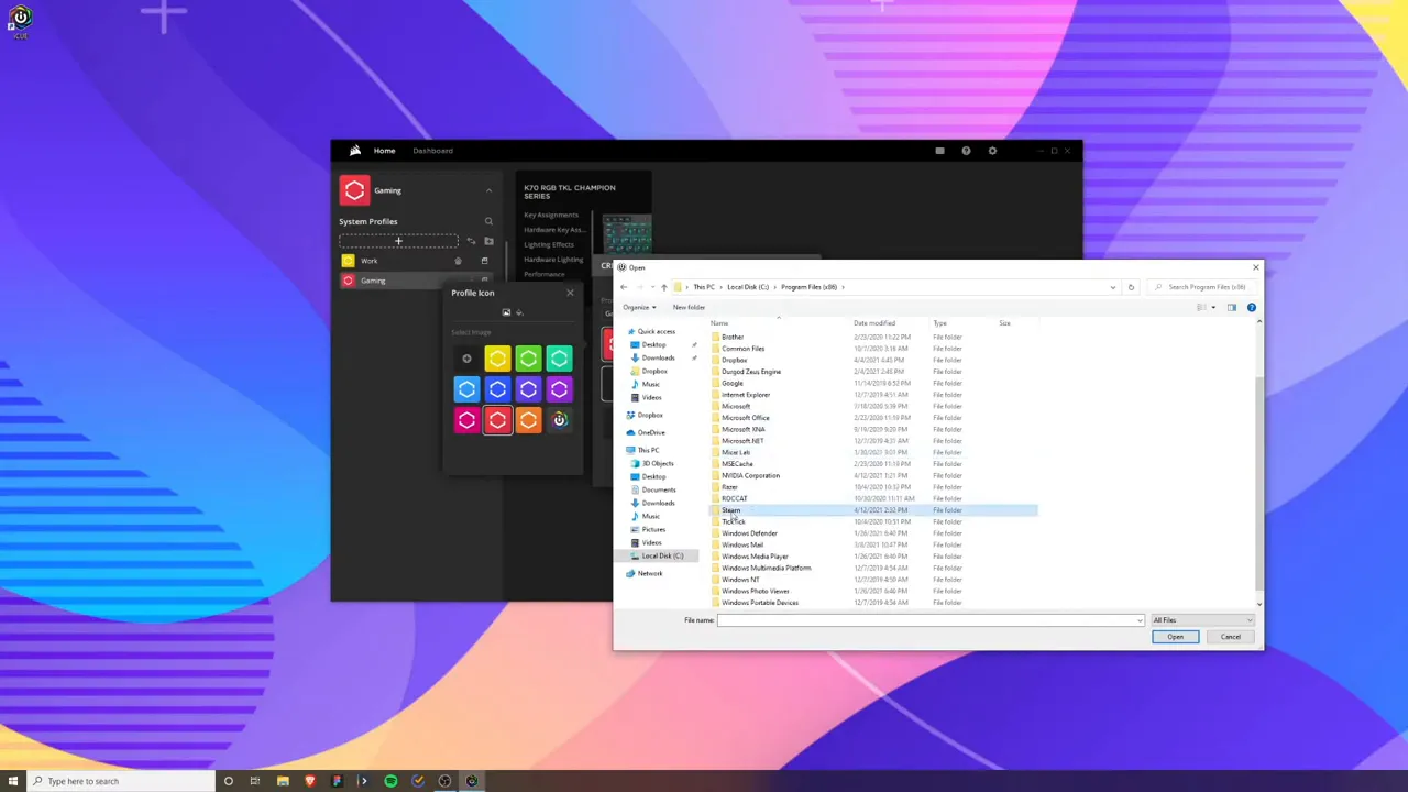 iCUE profile settings with the Windows Open file dialog open to Program Files (x86) and the Steam folder highlighted.