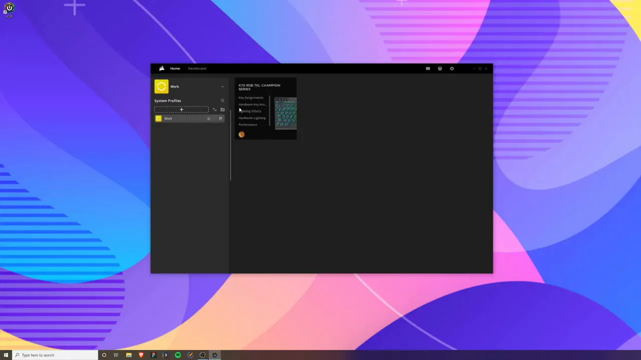 iCUE profiles panel with the Work profile selected on a Corsair K70 keyboard