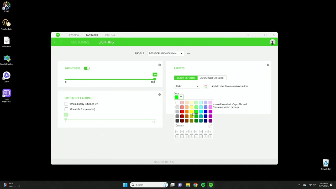 Razer Synapse lighting settings shown for the Ornata V3