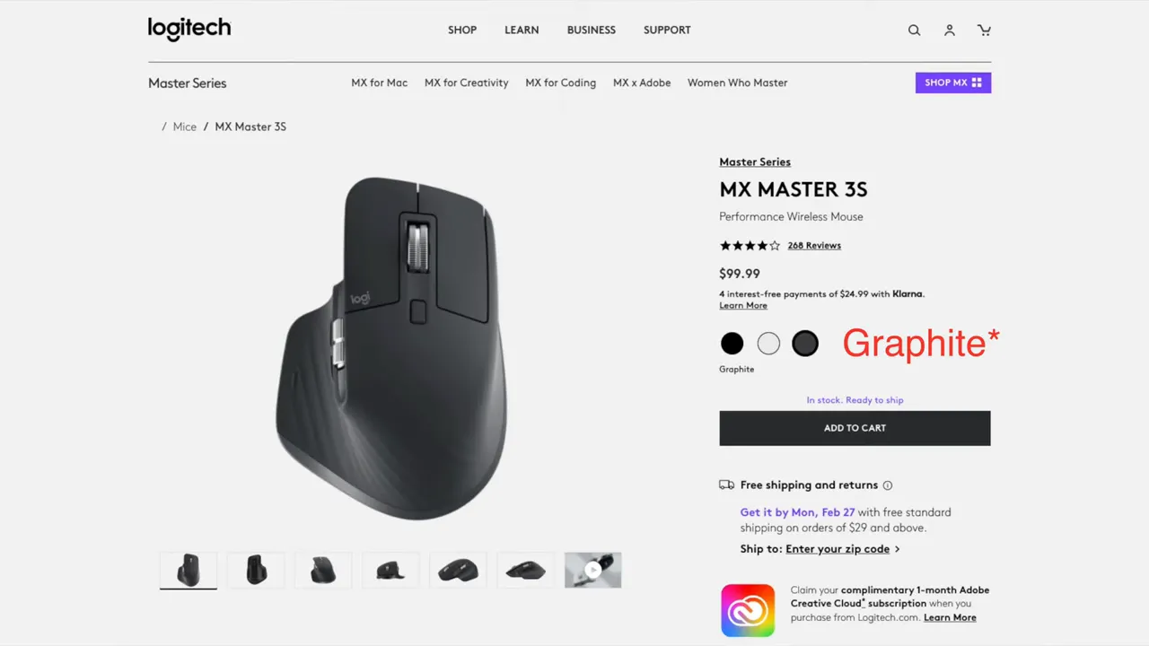 MX Master 3S product page highlighting the Graphite color option with a large product photo