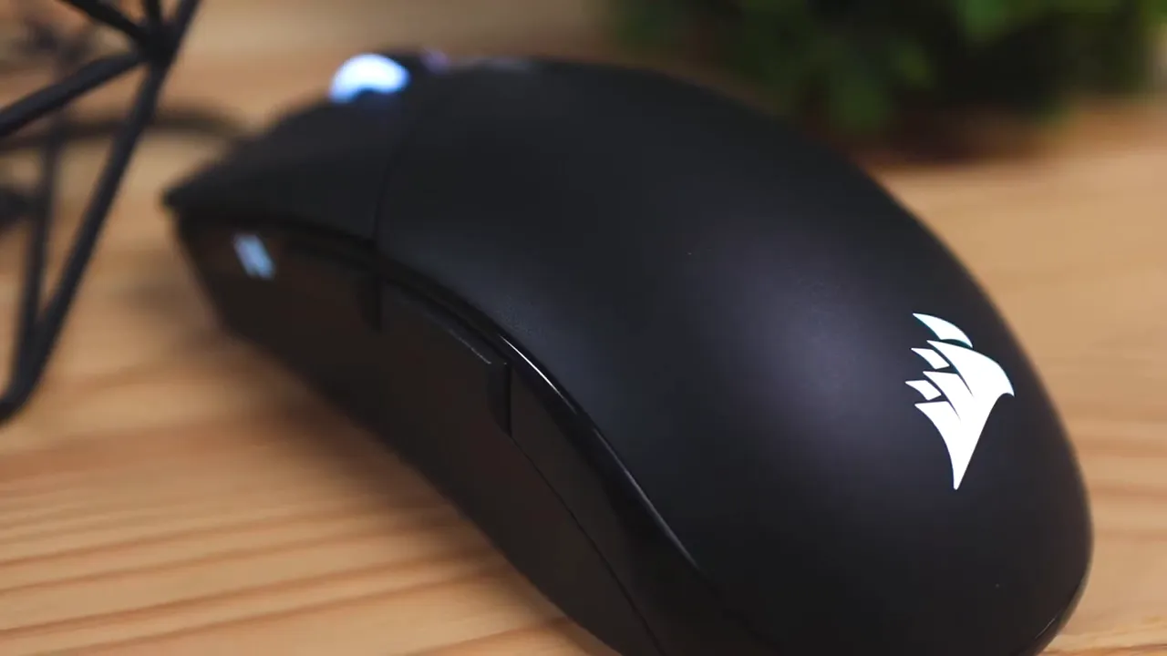 Close-up of Corsair Sabre RGB Pro matte top and illuminated rear logo