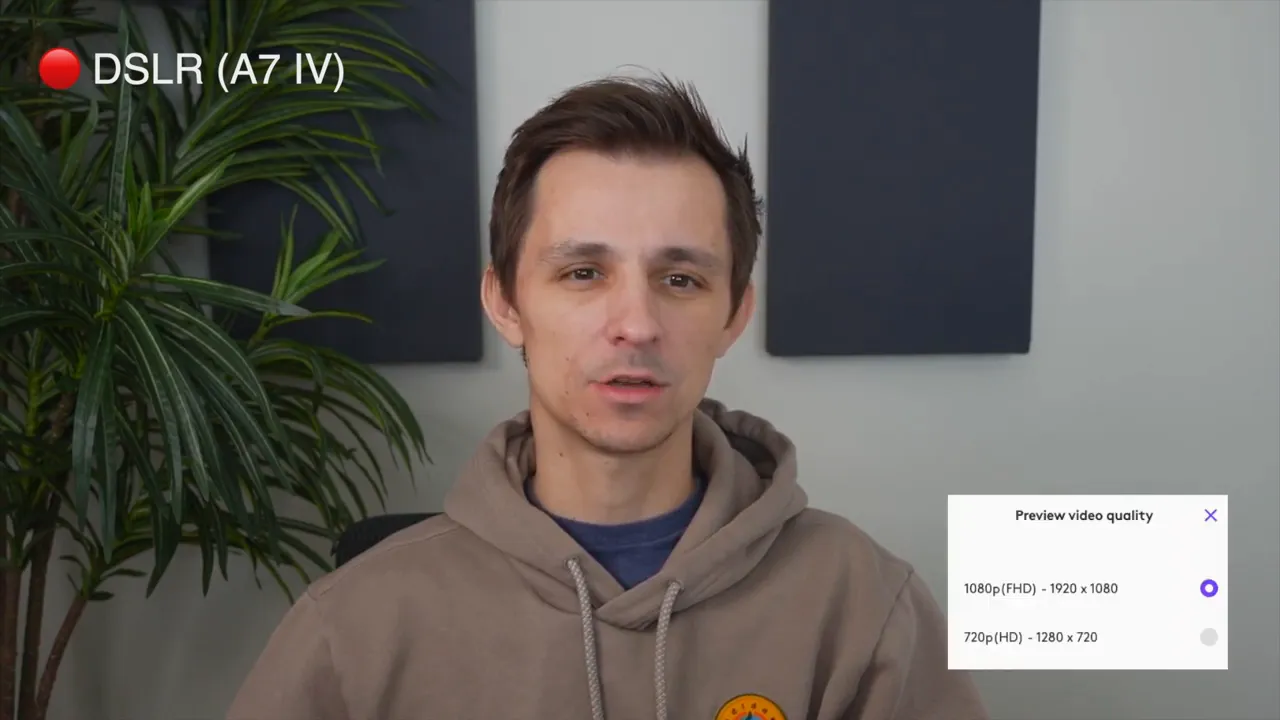 Comparison shot labeled DSLR (A7 IV) showing the presenter with a preview video quality overlay (1080p / 720p) in the corner.