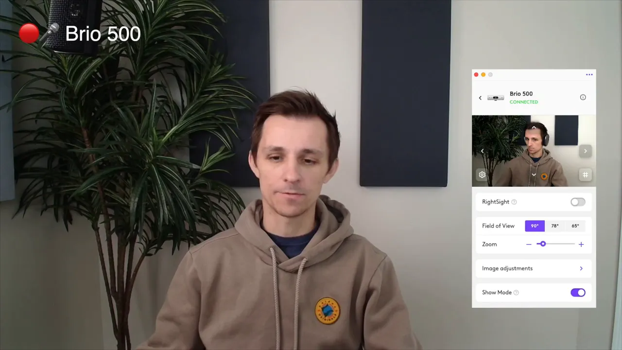 Logi Tune app overlay on a Logitech Brio 500 webcam view showing RightSight toggle and field of view options (90°, 78°, 65°)