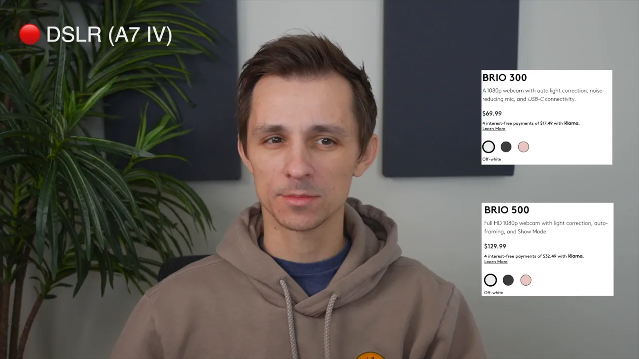 DSLR (A7 IV) sample frame showing the presenter centered and Brio 300 and Brio 500 product info cards on the right.