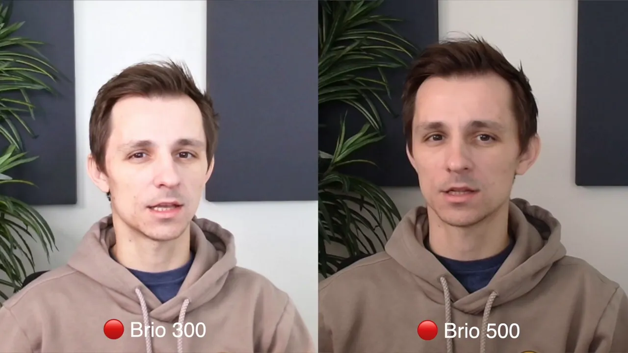 Side-by-side comparison showing Brio 300 on the left and Brio 500 on the right, highlighting differences in exposure, color, and sharpness.