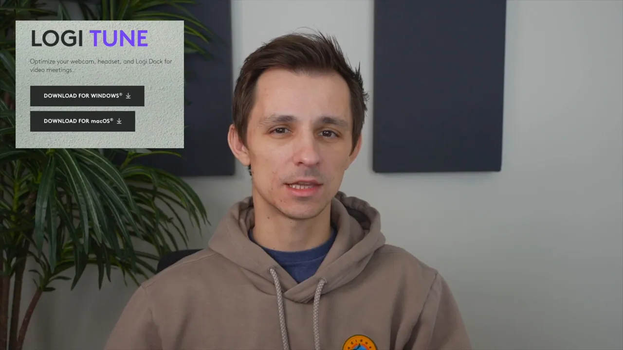 Logi Tune download screen with download buttons and presenter in the background