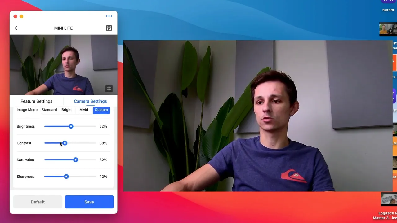Coolpo Mini Lite app in Custom mode with contrast slider being adjusted and live webcam preview