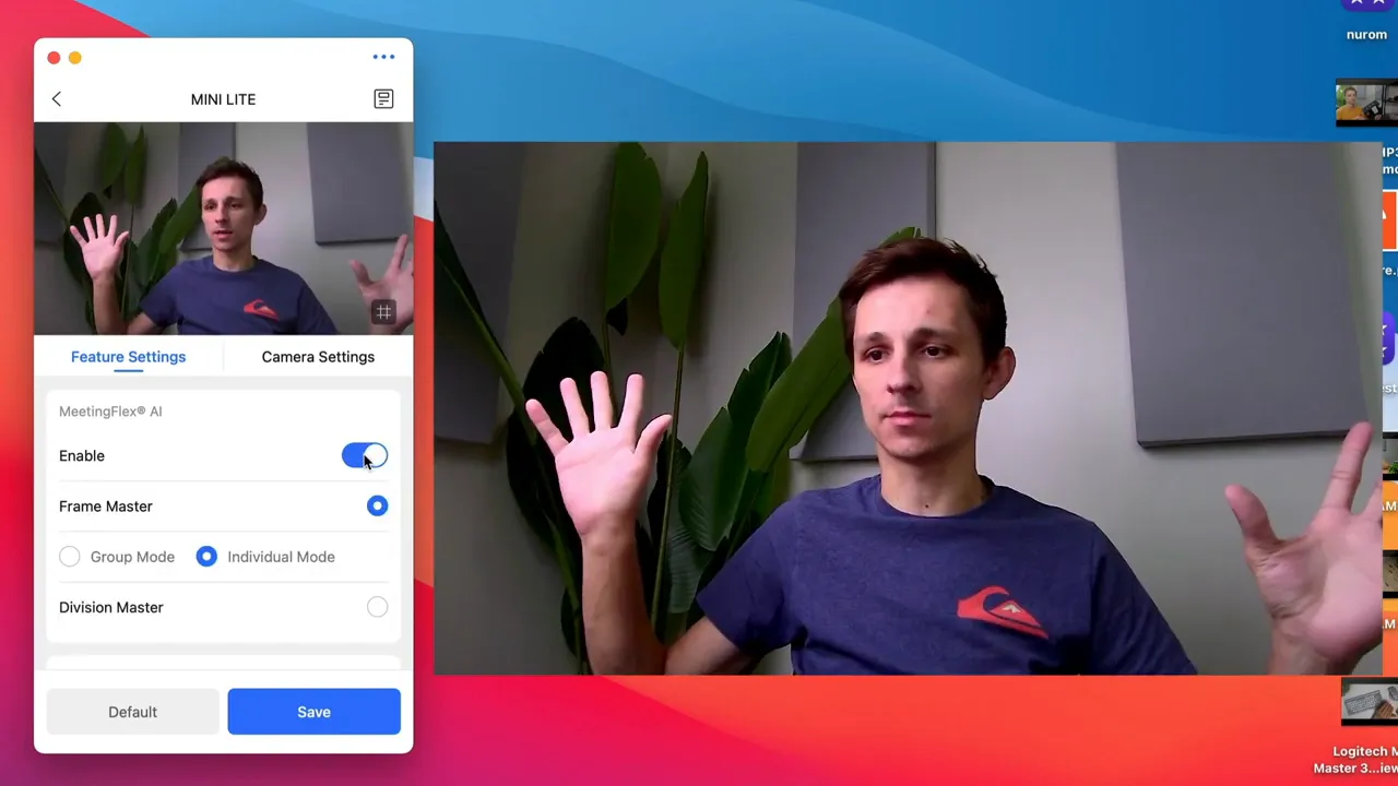 Coolpo Mini Lite app with MeetingFlex AI enabled and frame settings visible alongside live preview