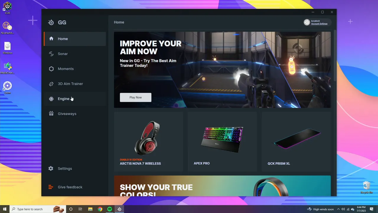 steelseries gg home screen with left navigation and engine menu highlighted