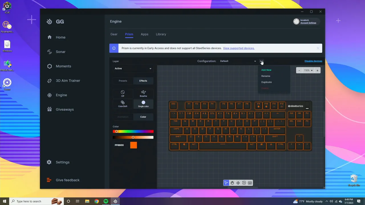 SteelSeries GG Prism interface with Effects selected and the Configuration dropdown open showing Add New and Rename