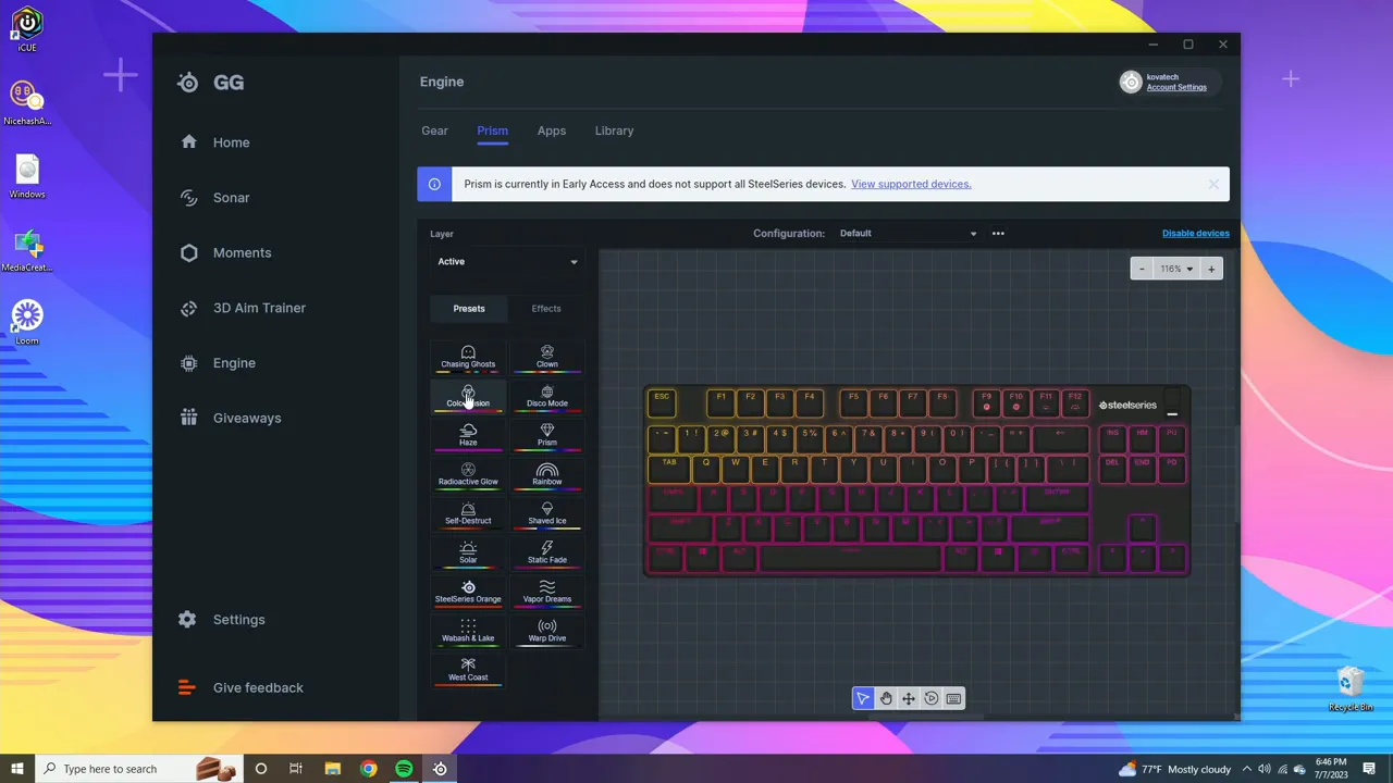 SteelSeries GG Engine Prism presets list with live Apex 9 TKL keyboard preview