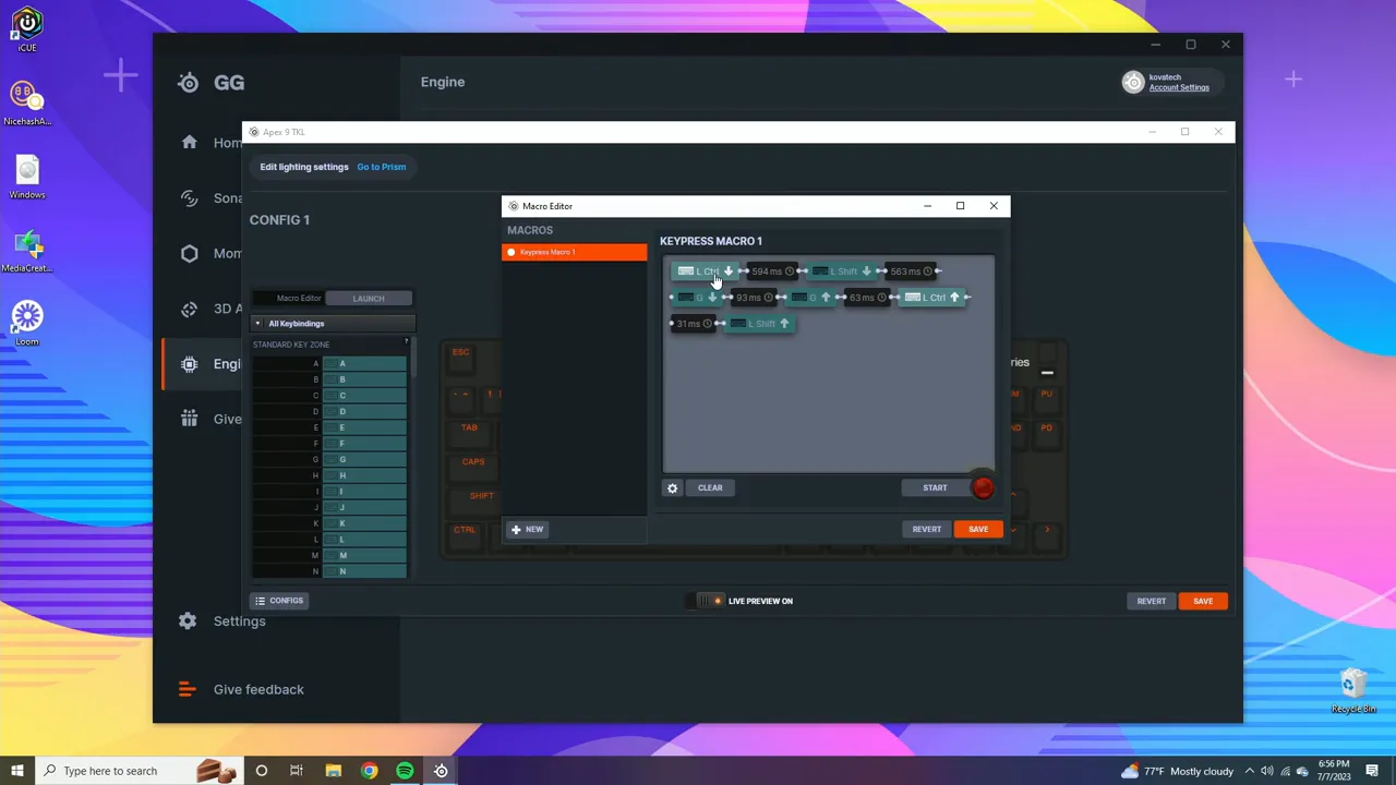Macro Editor in SteelSeries GG showing a keypress macro with individual events and delay times
