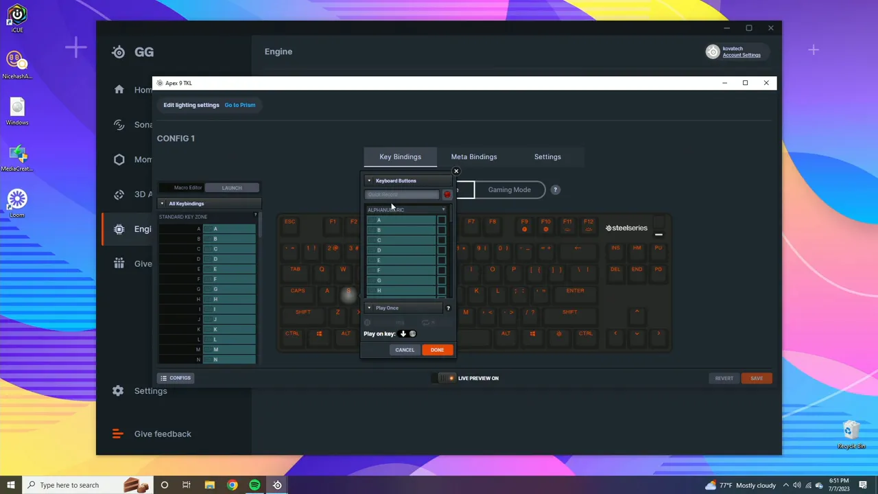 SteelSeries GG Engine remap dialog (Keyboard Buttons) open over the keyboard preview showing alphanumeric key options and Play Once toggle.