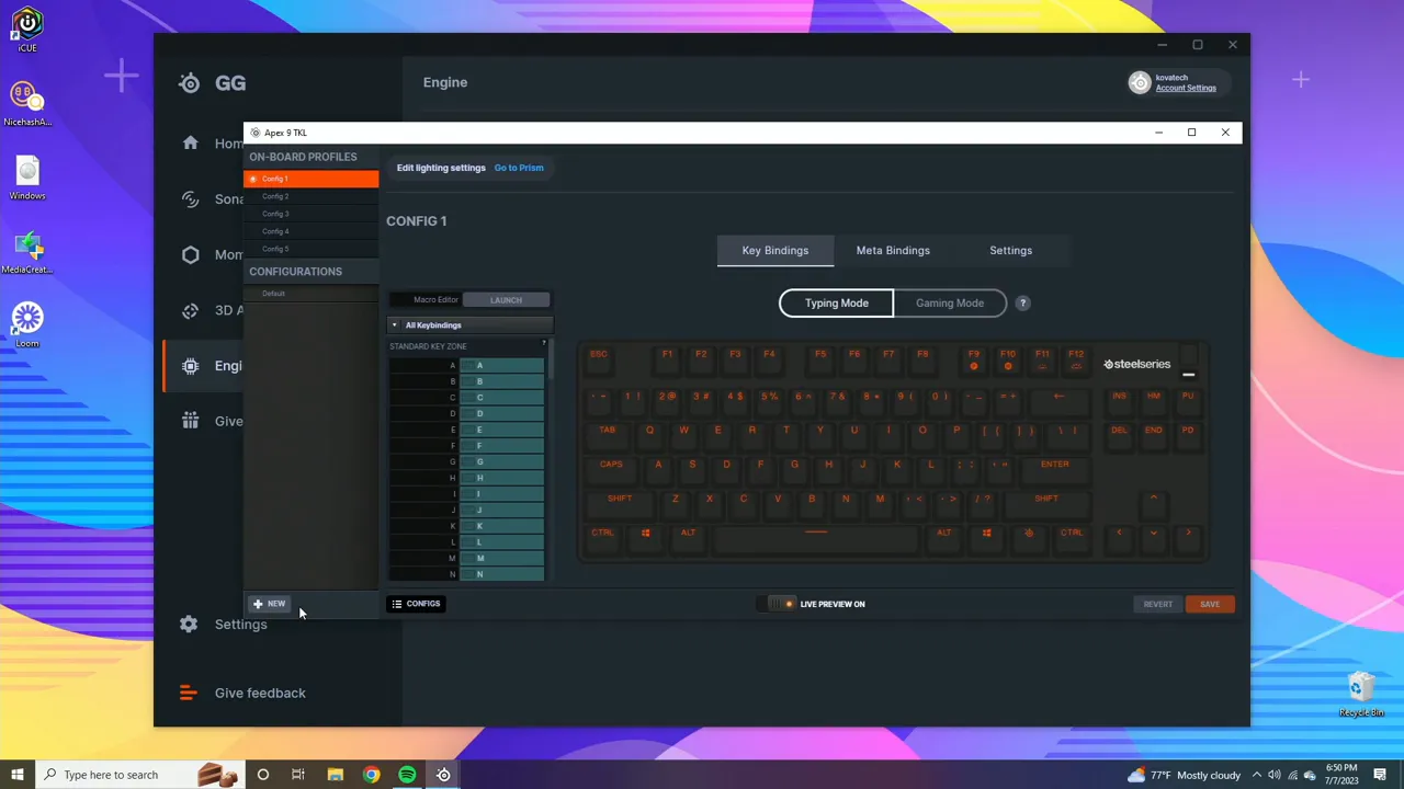 Configs panel open in SteelSeries GG showing on-board profiles and configurations for Apex 9 TKL
