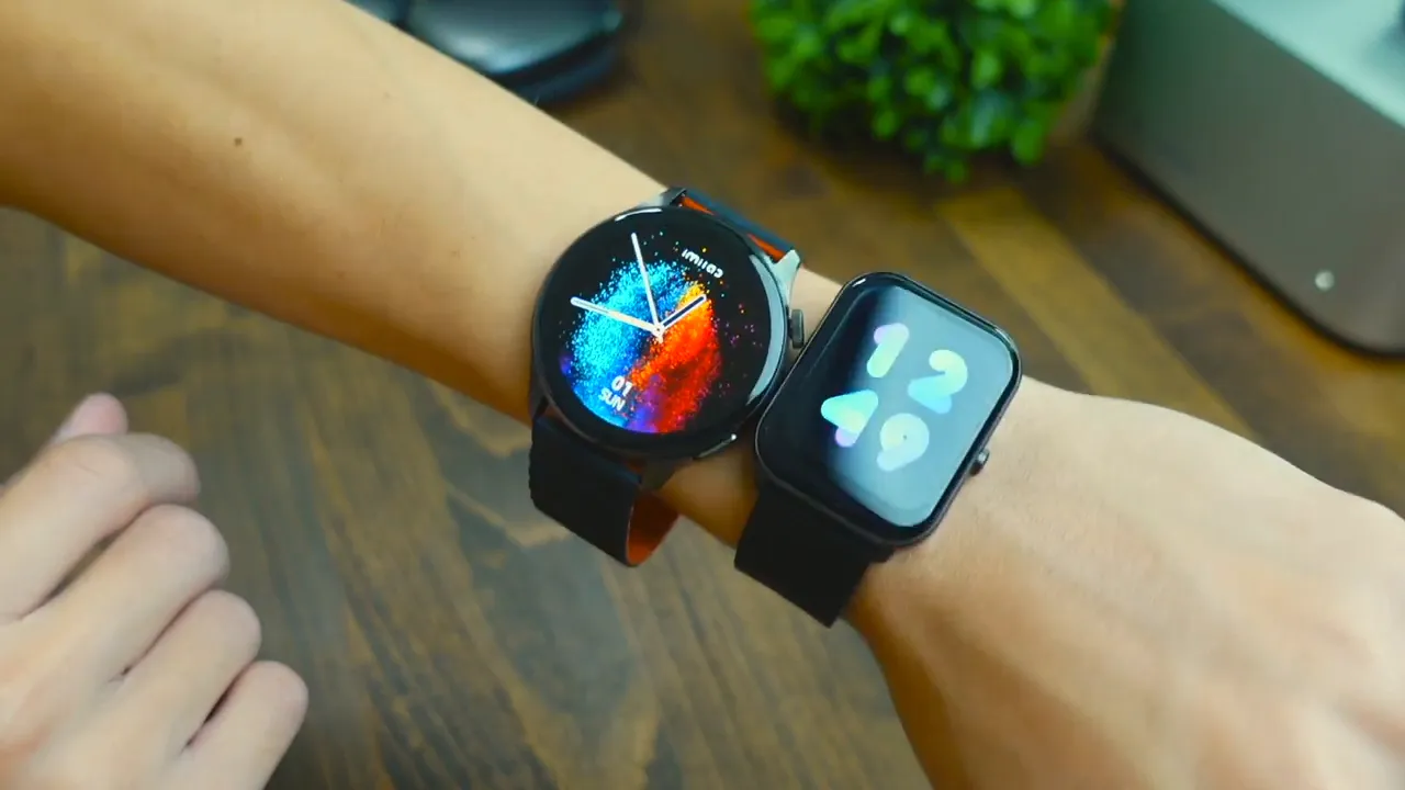 Imilab W13 round smartwatch and Imilab W01 square smartwatch worn side-by-side on the wrist for a direct fit and display comparison