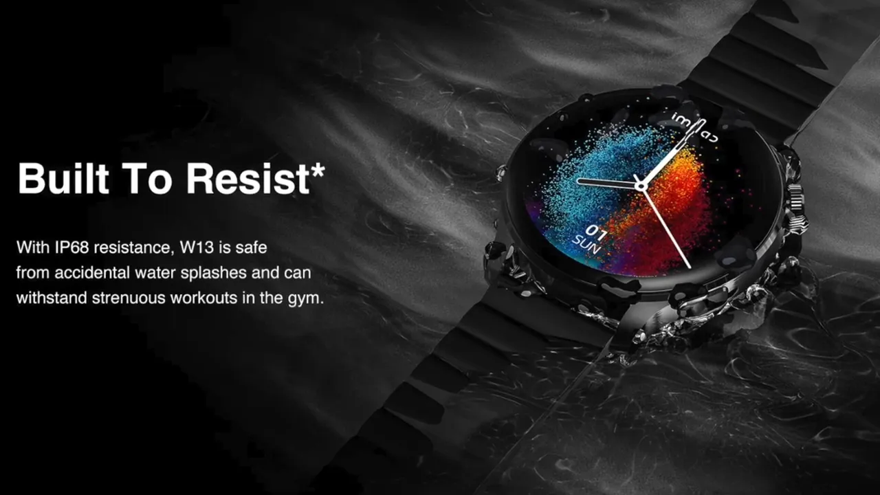 Imilab W13 smartwatch with water splashes and 'Built To Resist' IP68 branding