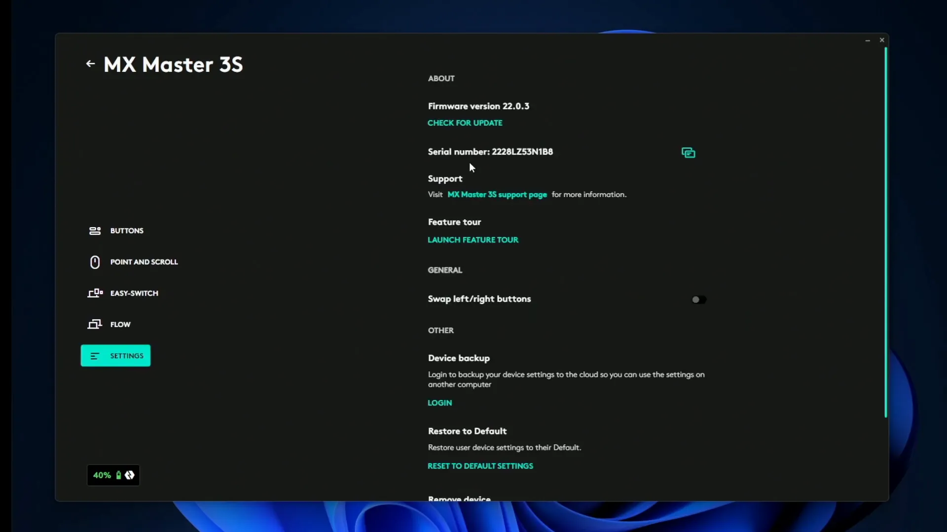 Settings options in Logi Options+