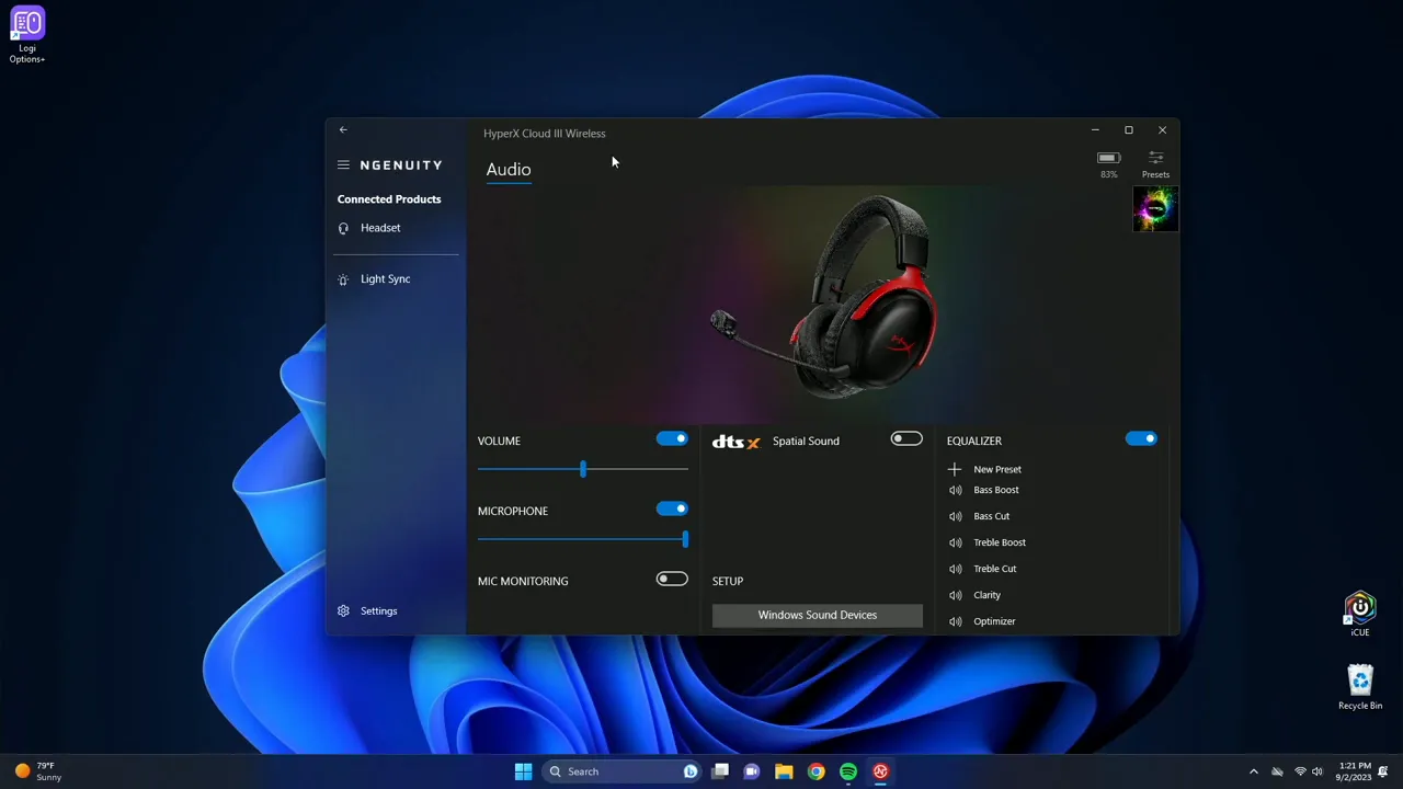 HyperX NGENUITY app showing volume, mic settings and spatial sound