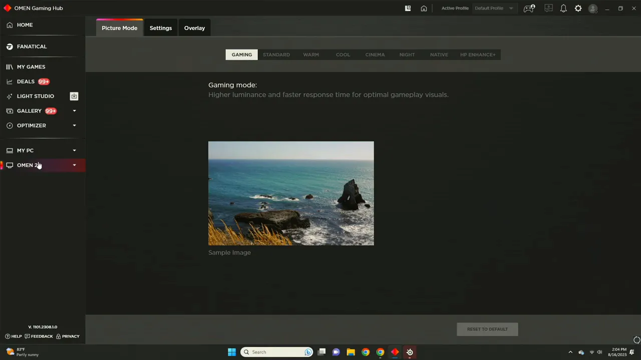 OMEN Gaming Hub software showing monitor and picture profiles