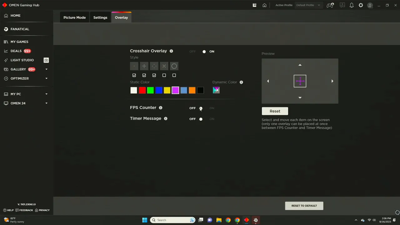 Overlay crosshair customization shown in software