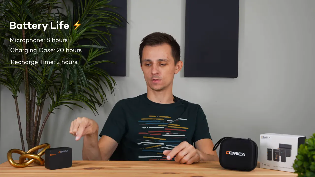 On-screen battery life text: 'Microphone: 8 hours, Charging Case: 20 hours, Recharge Time: 2 hours' with presenter and Comica case