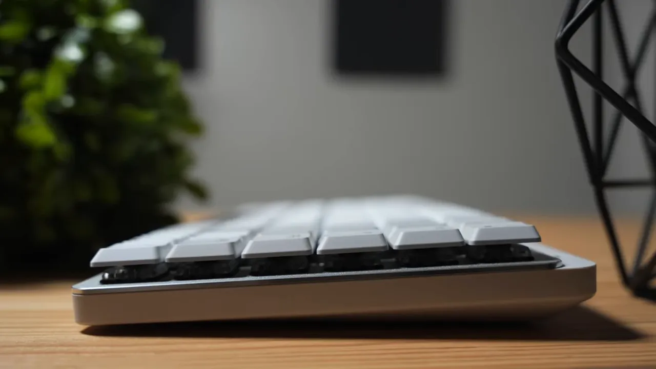 Side profile of Logitech MX Mechanical MINI showing slim height, keycaps, and aluminum top plate