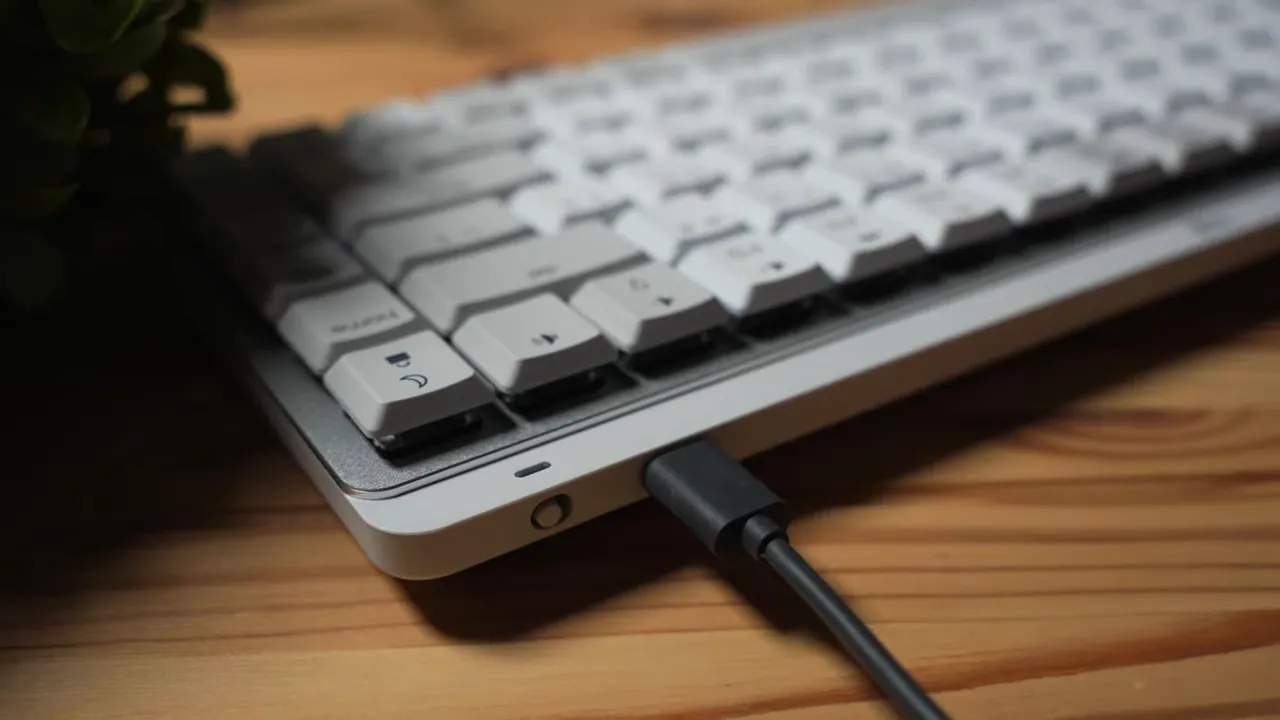 USB‑C cable fully connected to the Logitech MX Mechanical MINI charging port