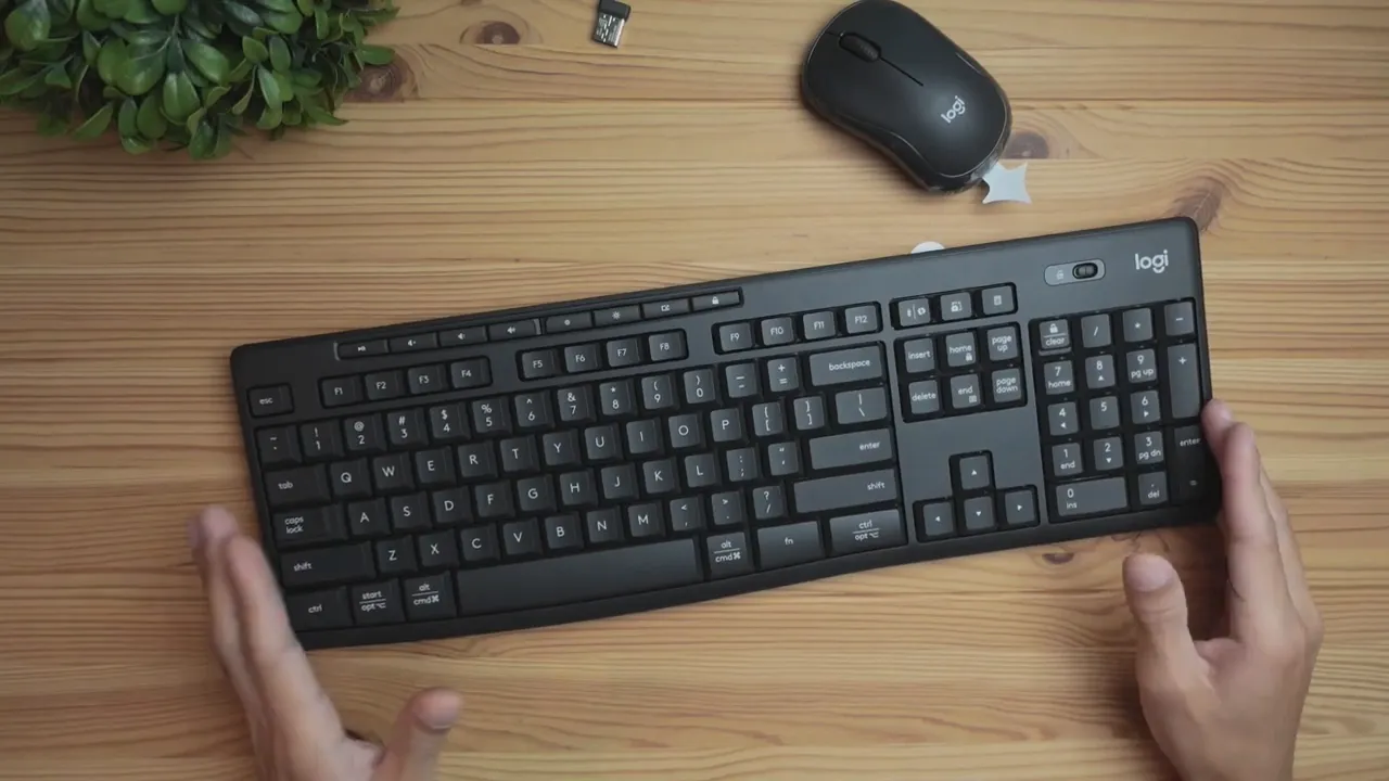 Overhead shot of Logitech MK370 keyboard highlighting low-profile keys, top-row shortcuts and number pad