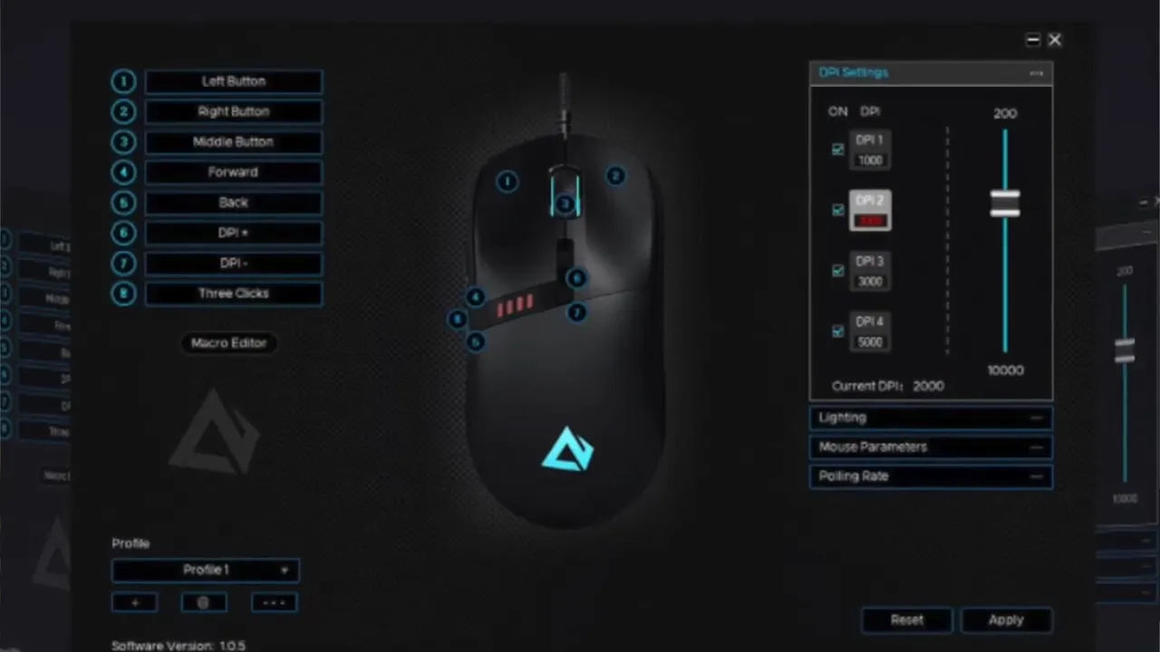 Mouse software interface showing button assignments DPI settings and lighting controls